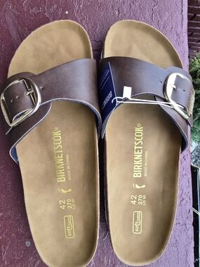 Birkenstock Brown Leather Single-Buckle Slide Sandals